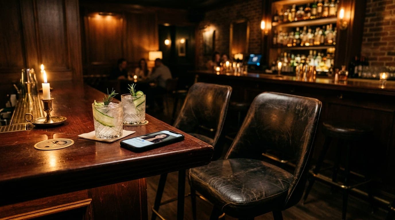 Low-angle shot inside a moody Cape Coral lounge. Two leather bar stools sit empty, with a smartphone showing a verified da...