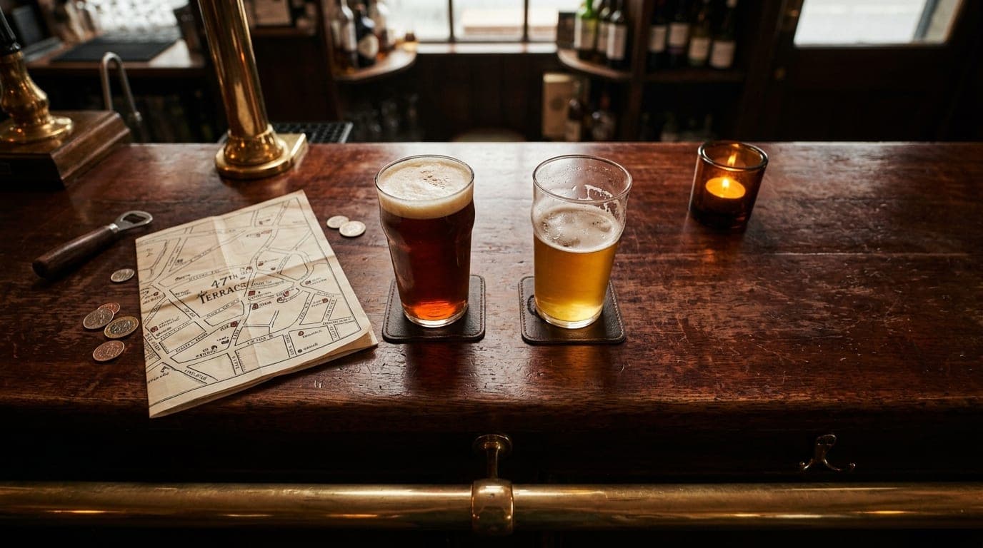 Overhead flat-lay, 24mm wide-angle shot of a polished mahogany bar top at a South Cape pub. Two half-poured craft beers si...