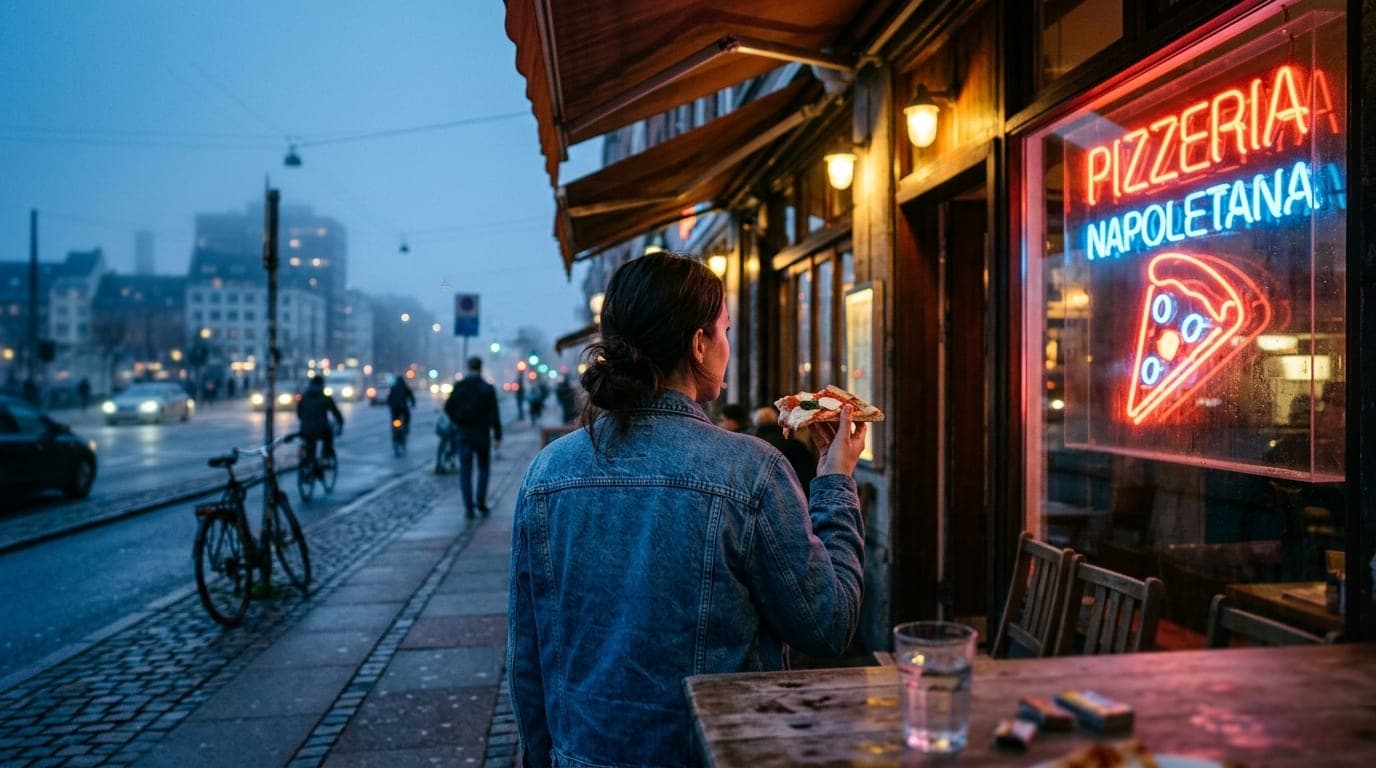 Over-the-shoulder shot, blue hour. A woman in a denim jacket stands at a sidewalk table outside a pizzeria, holding a slic...