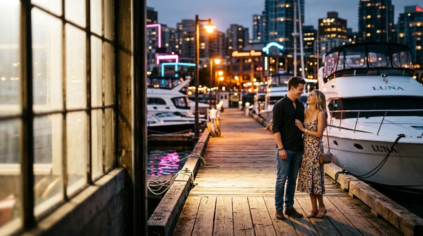 Noon natural light streams through a window, illuminating a couple standing on a sun-drenched dock. Leading lines of woode...