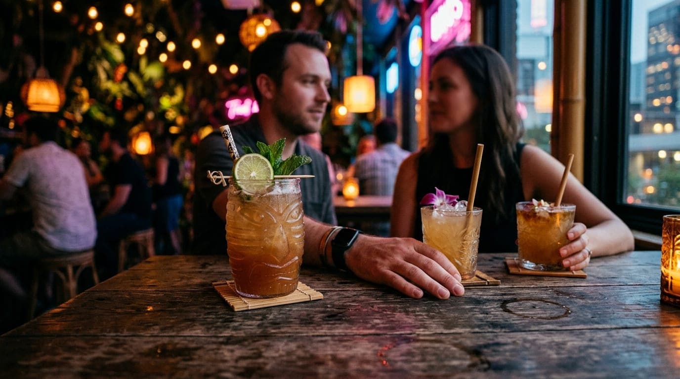 35mm documentary shot. Two craft cocktails sit on a weathered wooden table at a tiki bar. A man’s hand rests near a woman’...