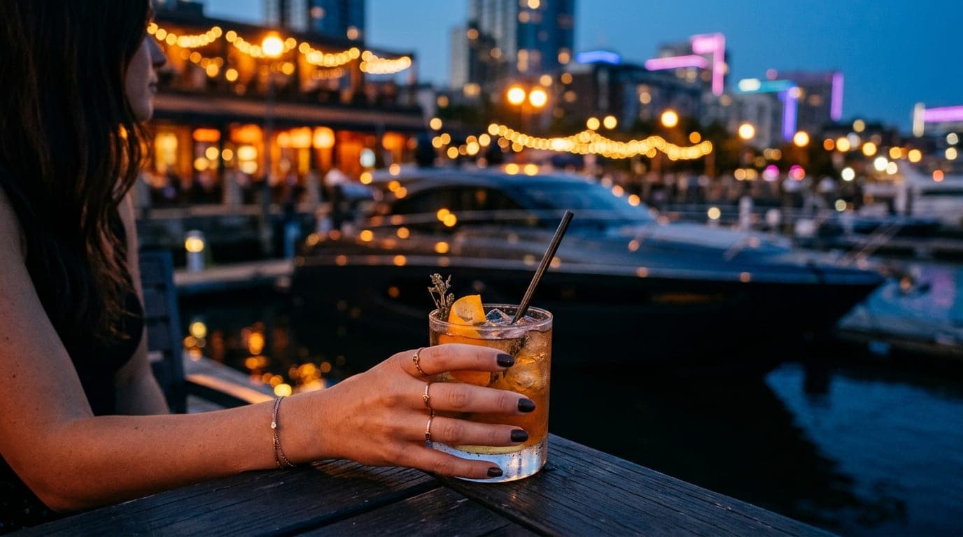 A close-up 100mm macro shot of a hand clutching a cold cocktail glass on a dock. In the soft-focus blue hour background, a...