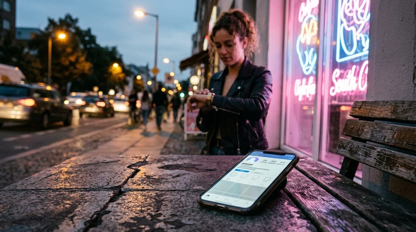 Low-angle hero shot of a smartphone displaying a social media profile beside a bright neon-lit South Cape storefront. A wo...