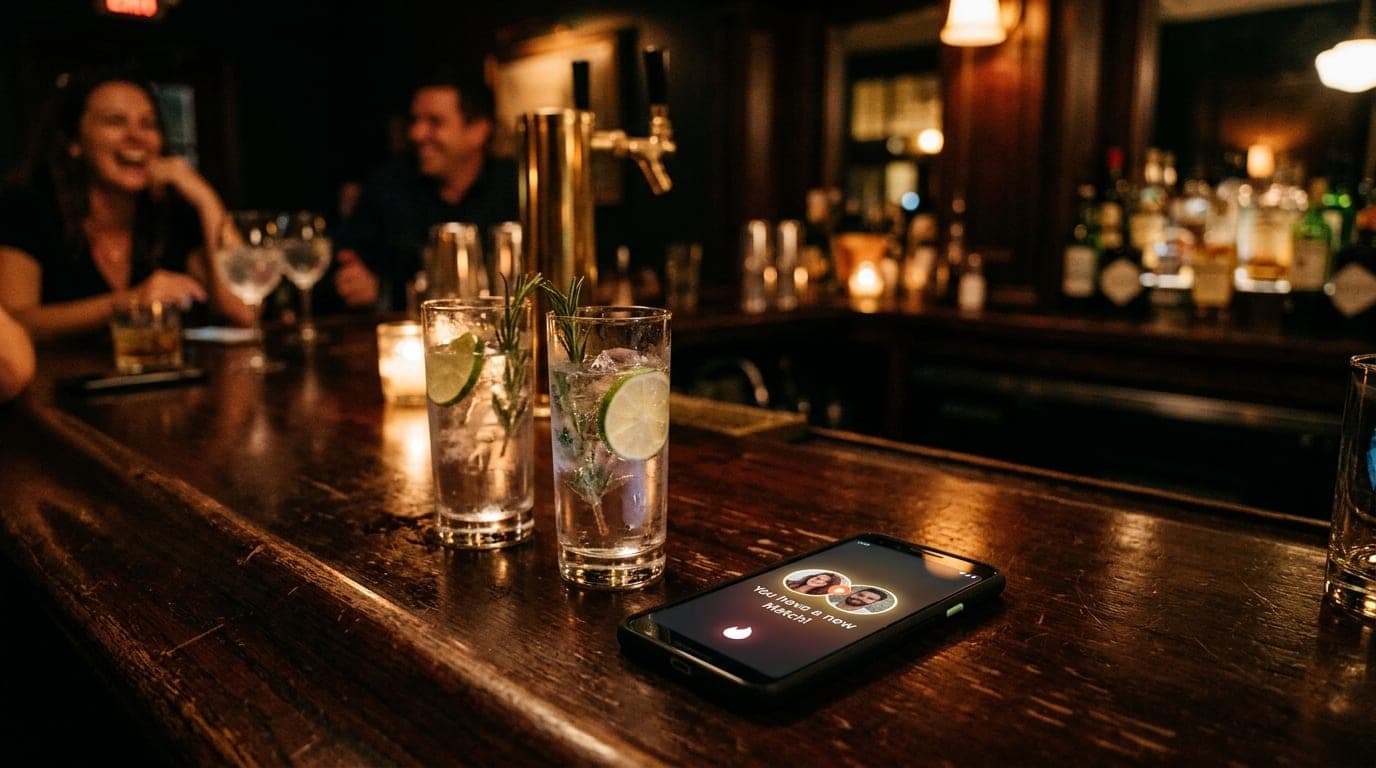 A dimly lit downtown Fort Myers cocktail bar at midnight. A single smartphone sits on the dark wood counter displaying a T...
