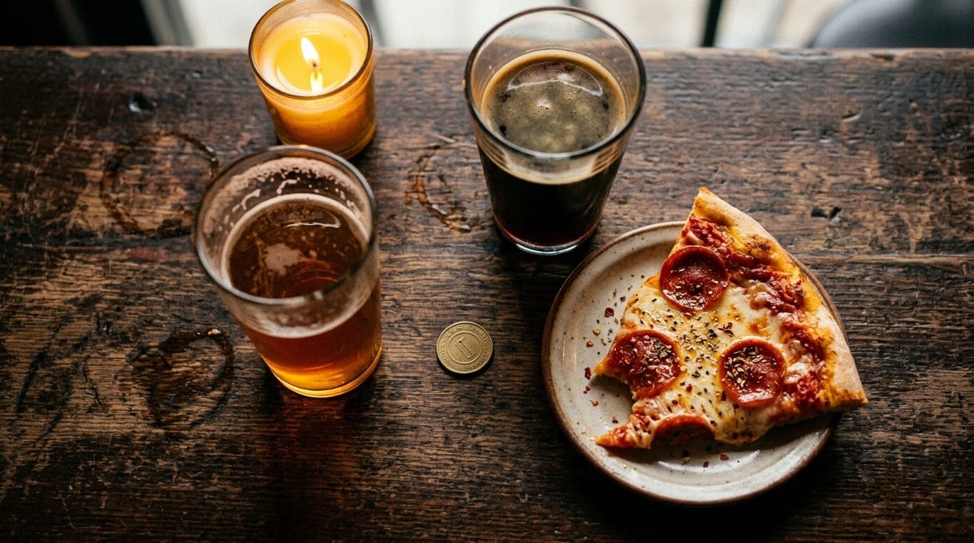 An overhead 100mm macro flat-lay on a gritty, scratched bar top at Nice Guys Pizza. Two half-poured craft beers sit beside...