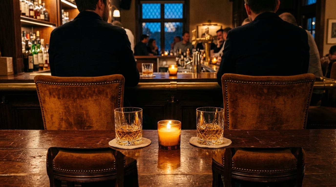 Over-the-shoulder perspective of two velvet high-backed bar stools at a polished dark wood bar, two crystal tumblers with...