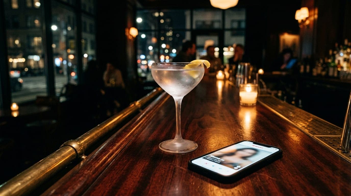 Low-angle hero shot of a polished mahogany bar at night. A chilled martini with a twist rests beside a sleek smartphone sc...