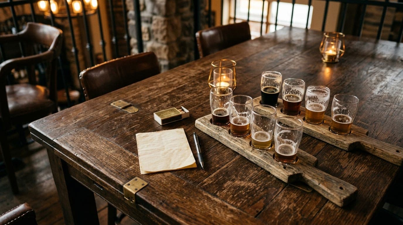 Overhead flat-lay, 35mm documentary shot of a rustic wooden table at a brewery. Two craft beer flights with half-empty gla...