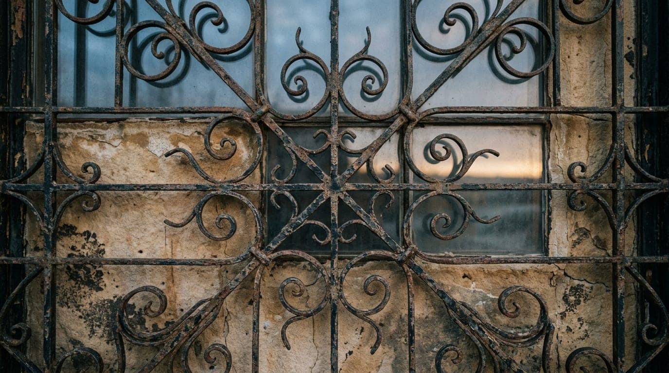 Macro, overhead flat-lay of a textured, worn sandstone surface at overcast dawn, featuring the weathered, intricate metal...