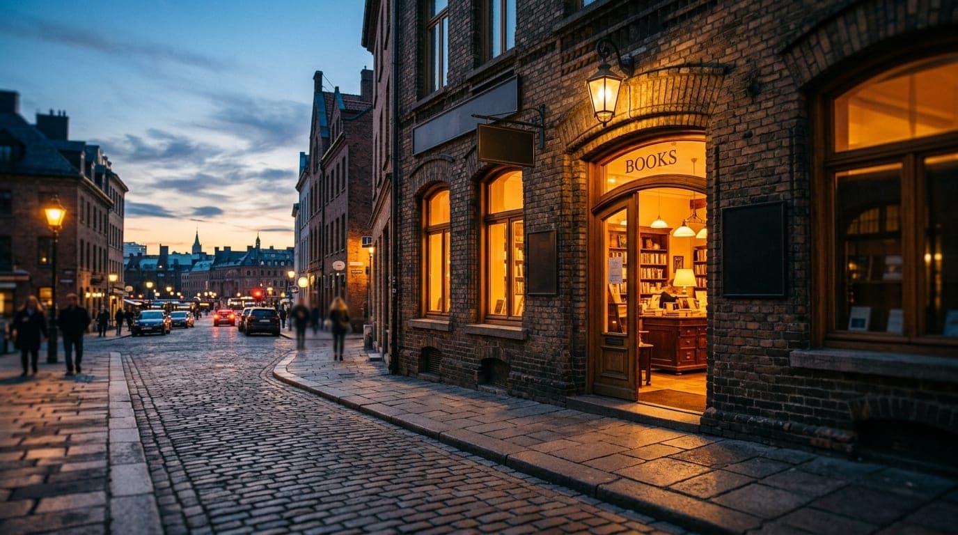 A low-angle street view of a historic brick storefront at twilight, glowing with amber interior light. Deep shadows and le...
