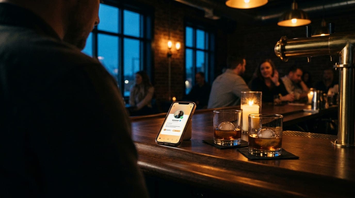 An over-the-shoulder view from a dimly lit NewBo cocktail lounge at blue hour. A smartphone showing a verified user profil...