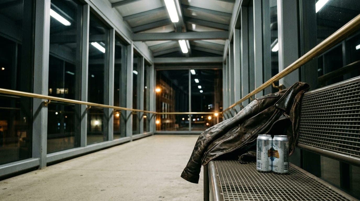 A low-angle shot from the Cedar Rapids skywalk at midnight. An abandoned leather jacket rests on a metal bench, offset rig...