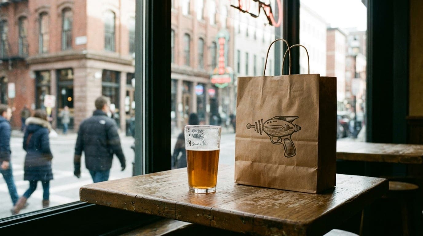 A 24mm wide-angle, centered shot of a Raygun shopping bag and a pint from Lion Bridge Brewing resting on a wooden bistro t...