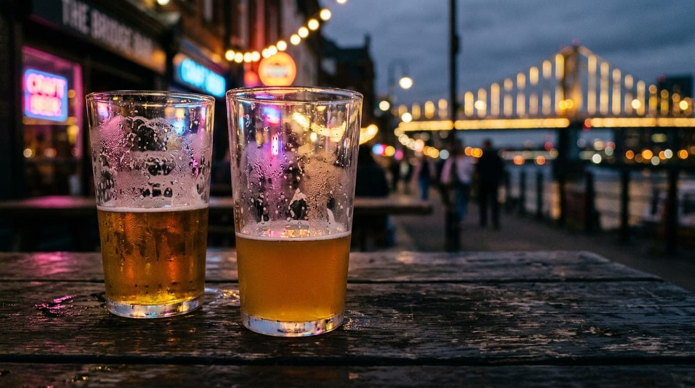 An extreme macro shot captures two half-empty craft beer glasses on a weathered wooden table. Golden hour light catches th...