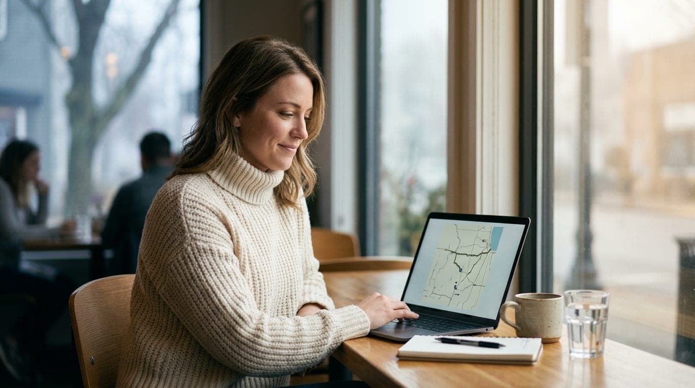 A woman in a cream-colored turtleneck sits at a NewBo cafe table, an open laptop displaying a map of the I-380 corridor, b...