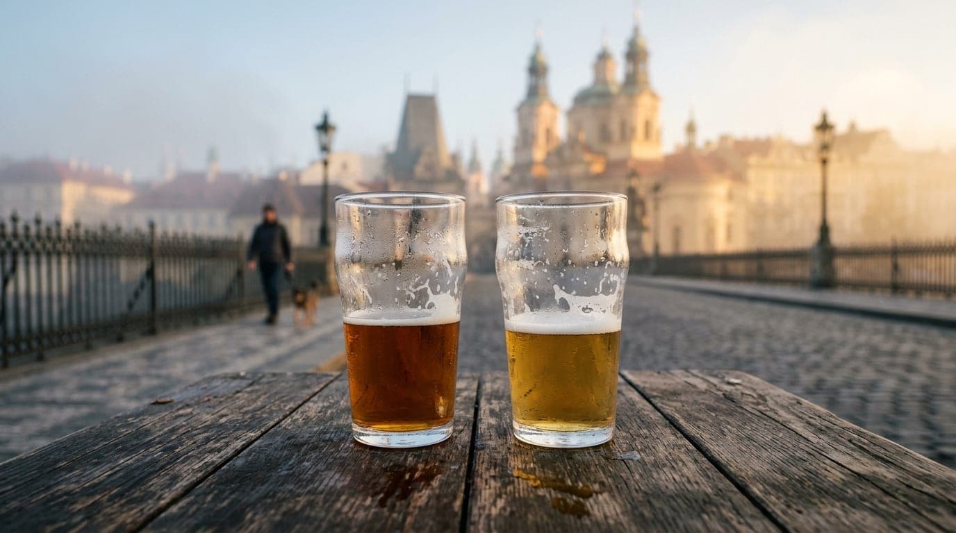 Extreme close-up macro, 24mm wide-angle, golden hour. Two half-empty craft beer glasses rest on a worn wooden table at Lio...