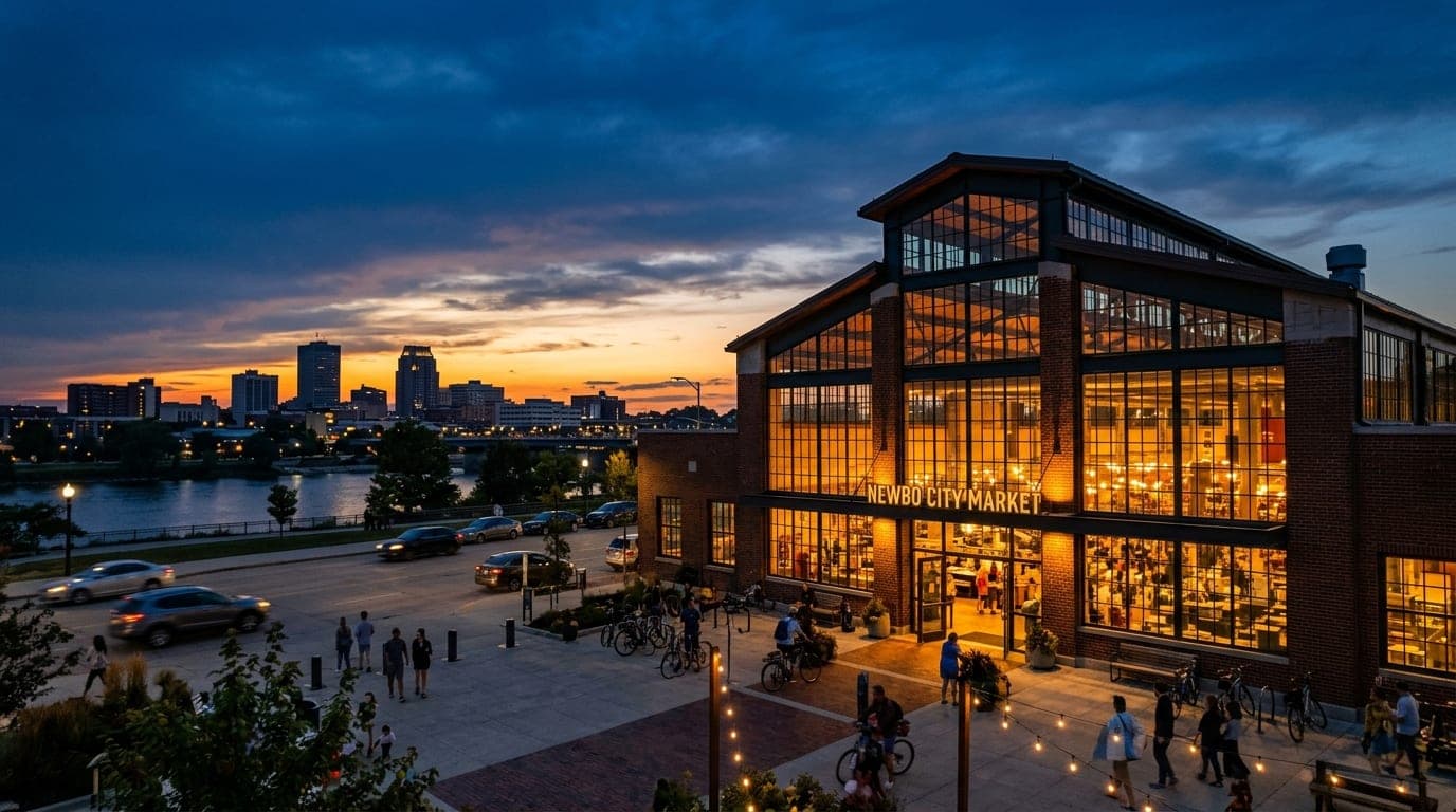 A wide-angle shot of the NewBo City Market exterior at dusk. Warm tungsten lights glow through the industrial windows, off...