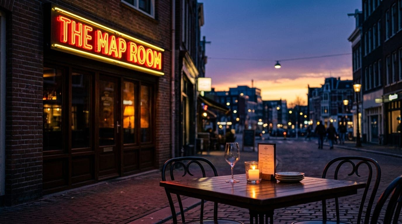 An 85mm medium shot, offset left, captures the glowing neon sign of The Map Room against a deep indigo twilight sky, with...