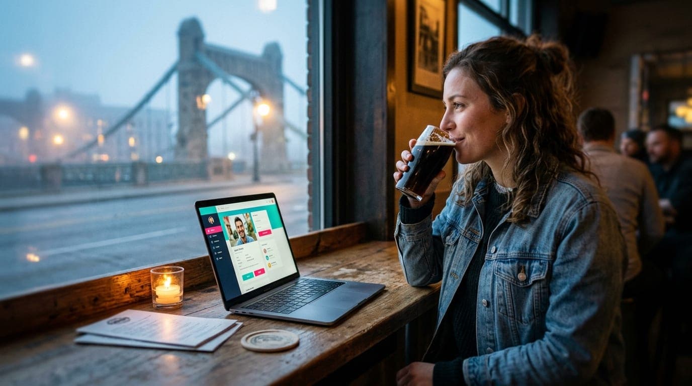 A medium shot, tilt-shift focus on a laptop screen displaying a Tinder profile at a candle-lit Lion Bridge Brewing table,...