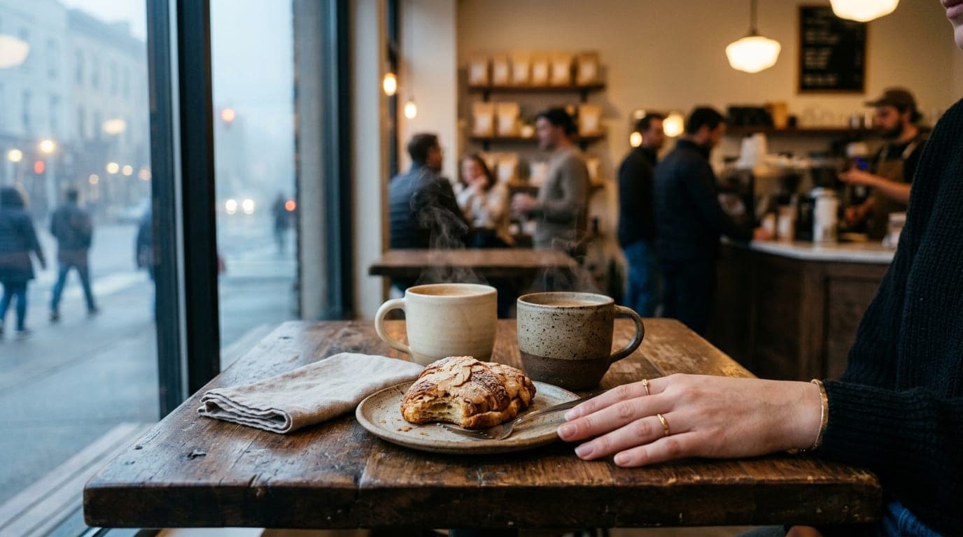 A close-up 35mm shot, bathed in noon window light, shows two steaming ceramic mugs on a rustic wooden table at Dash Coffee...