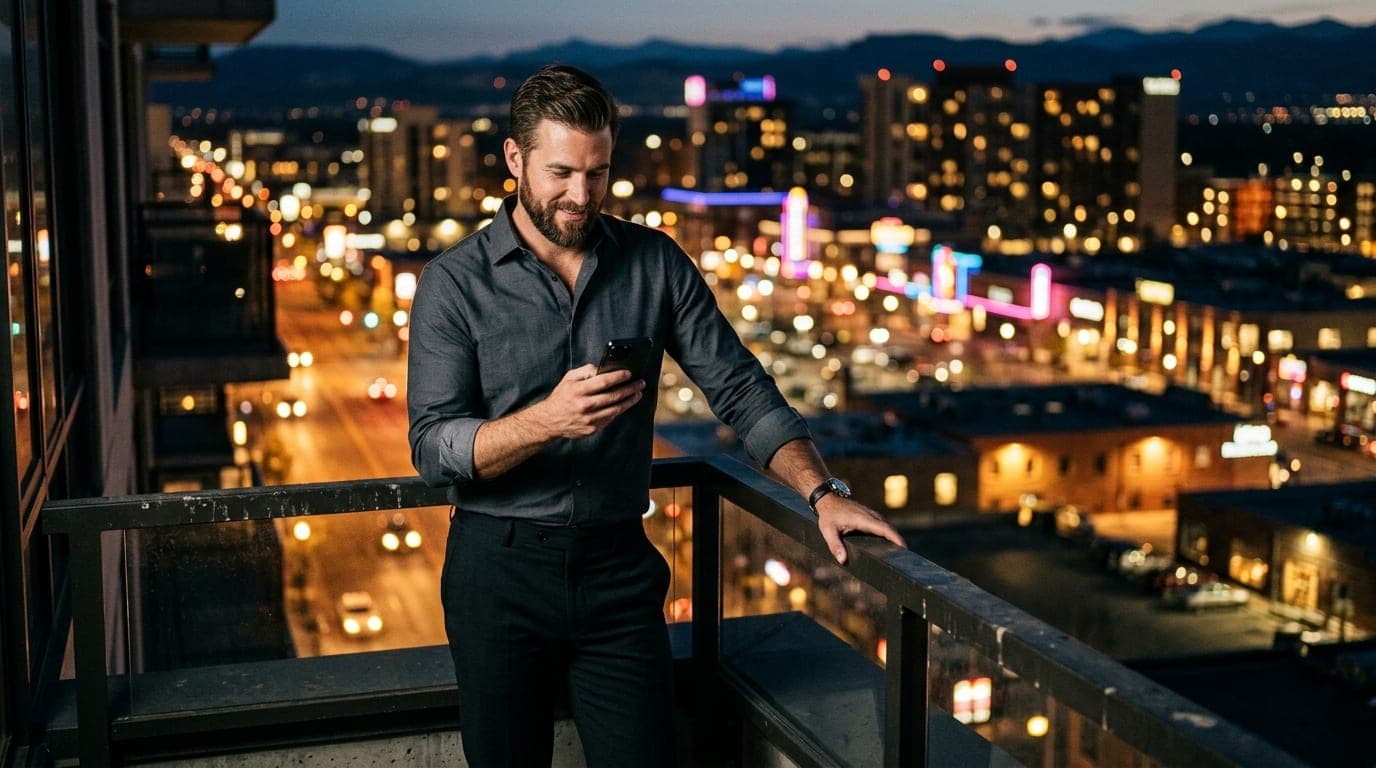 A well-tailored man in a crisp charcoal dress shirt stands on a dark balcony, holding a smartphone, with the glowing, blur...