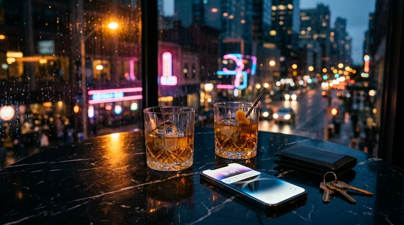 Overhead flat-lay composition on a dark marble hotel bar table. Two crystal scotch glasses beside a sleek, silver smartpho...