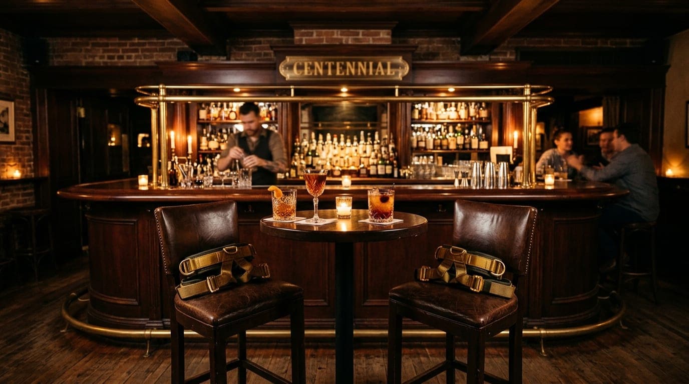 A wide, symmetrical 24mm shot of a dimly lit Centennial cocktail bar. Two leather stools face the mahogany counter, each f...