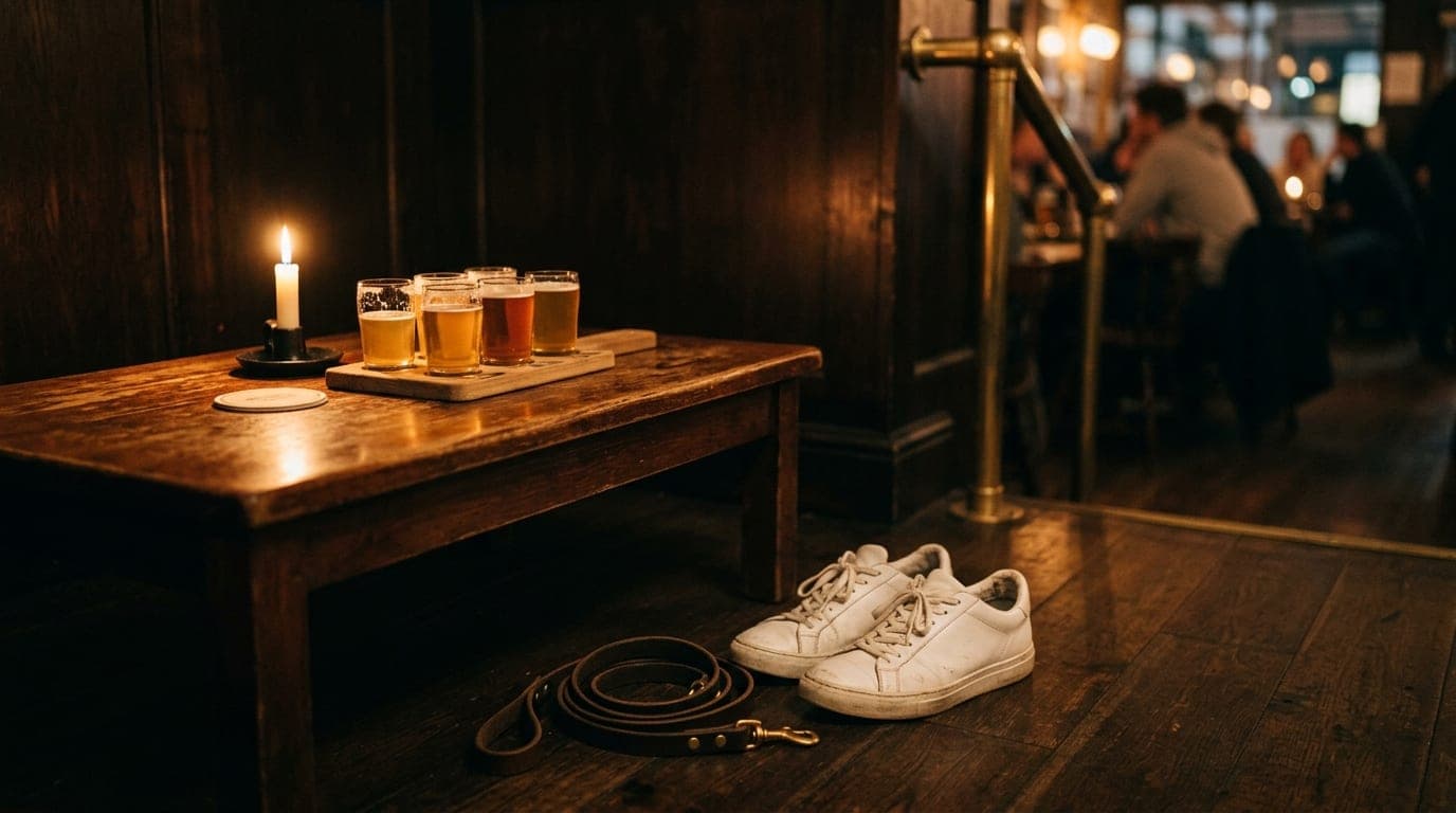 A polished wooden pub table in a dimly lit corner. A half-full craft beer flight sits beside a dog leash coiled near a pai...