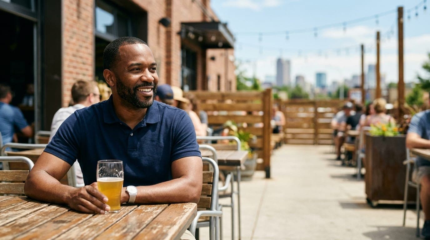 An 85mm portrait captures a man in a crisp polo shirt sitting on a sunny brewery patio in the DTC. Shallow depth of field...