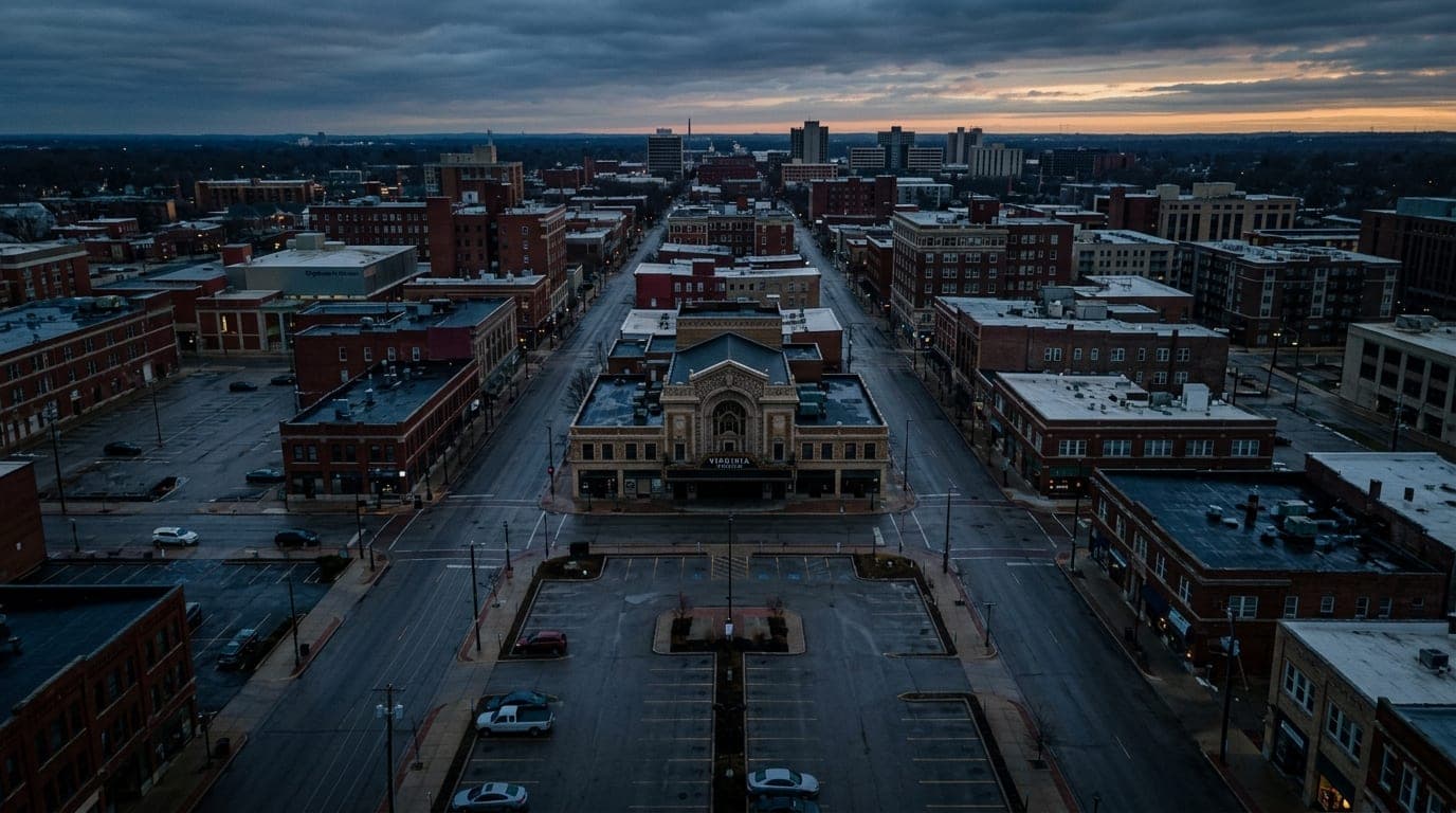 Overhead flat-lay 24mm wide-angle shot of downtown Champaign at overcast dawn. Centered symmetric composition focusing on...