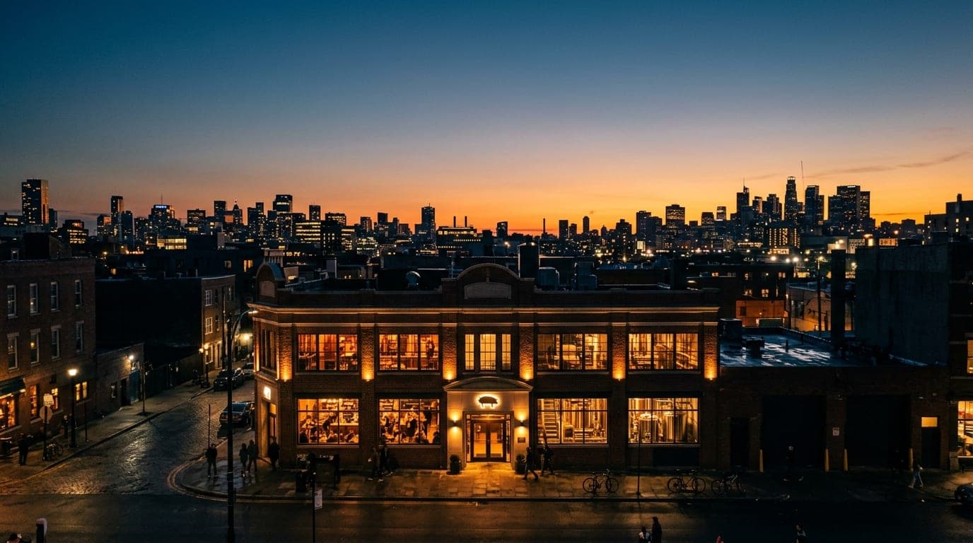 Wide establishing shot of The Blind Pig Brewery exterior at night. Warm tungsten light spills from the windows onto the da...