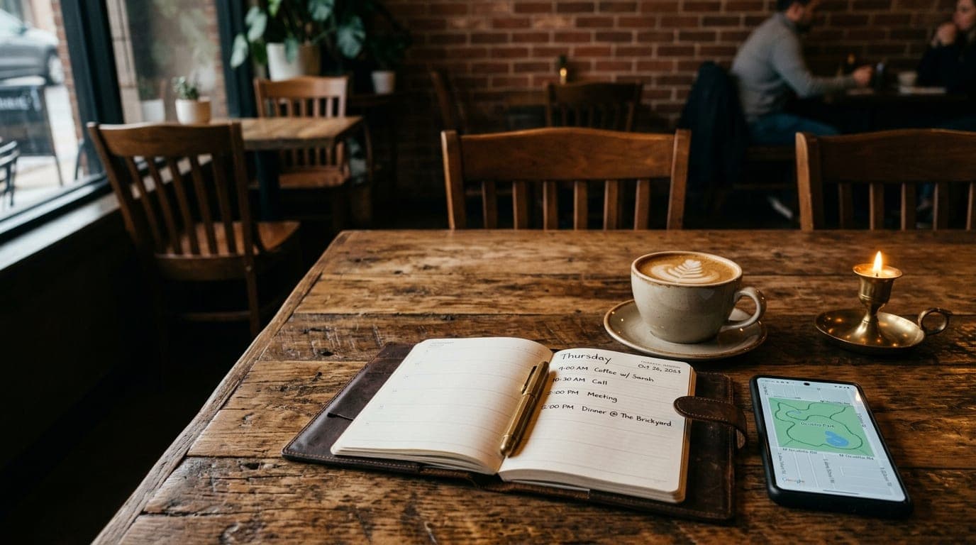 Overhead flat-lay of a reclaimed wood café table in Downtown Chandler. A leather planner open to a Thursday schedule, a cr...