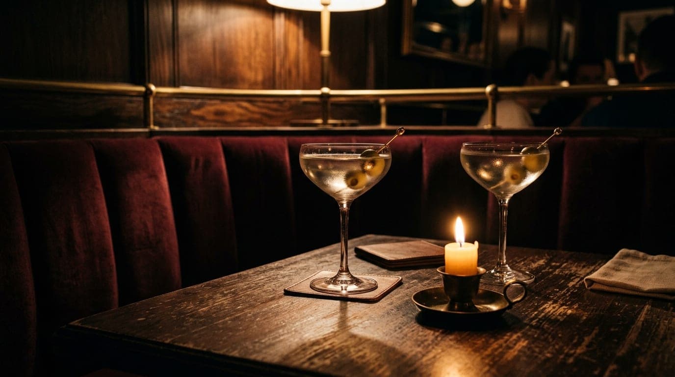 A 100mm macro shot captures a dimly lit, plush velvet corner booth inside a speakeasy. Two vintage martini glasses sit on...