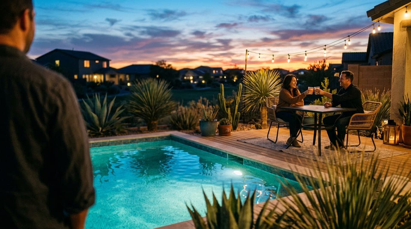 Over-the-shoulder shot at blue hour, looking past a sun-drenched, turquoise backyard pool toward a couple sharing a drink...