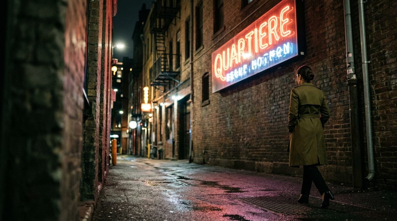 A 35mm low-angle shot, offset right, captures a glowing neon "Quartiere" sign reflecting on a dark, wet brick alleyway in...