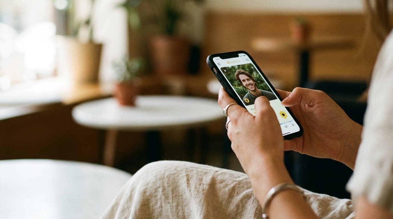 A close-up 35mm shot, offset right, of a modern smartphone showing a Bumble profile held by a woman in a linen sundress, b...