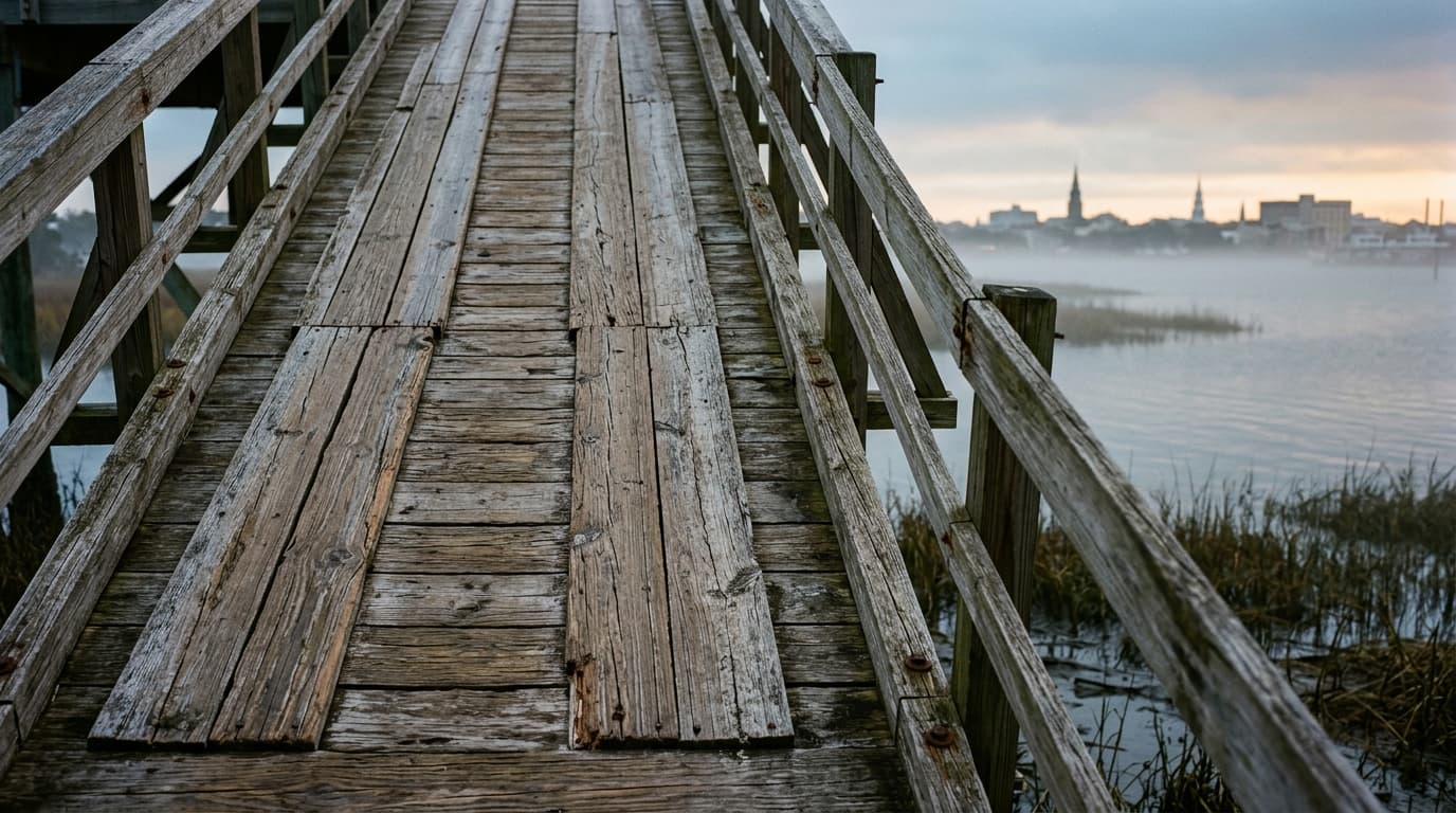 An overhead flat-lay of the weathered, salt-crusted wooden planks of the Pitt Street Bridge at overcast dawn, with the mis...
