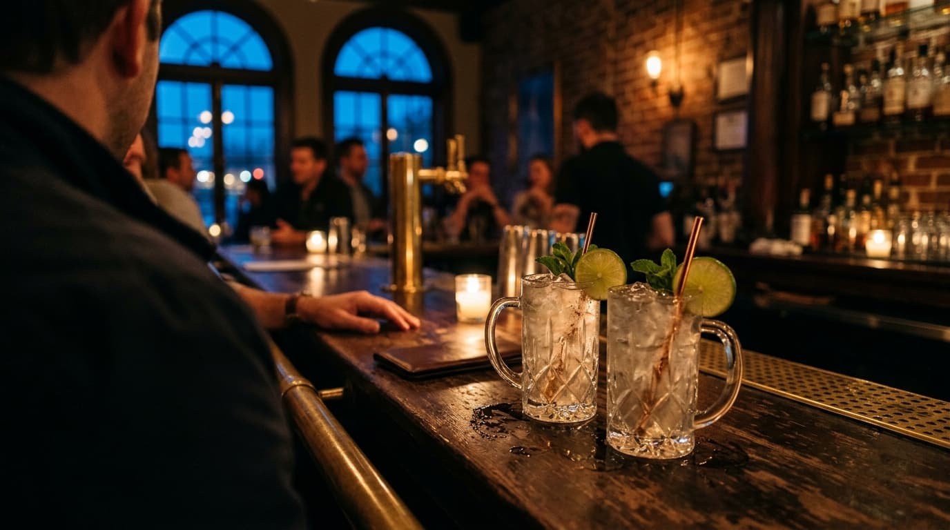 Over-the-shoulder perspective at a dim Charleston bar, focusing on two crystal Moscow Mule mugs with condensation dripping...