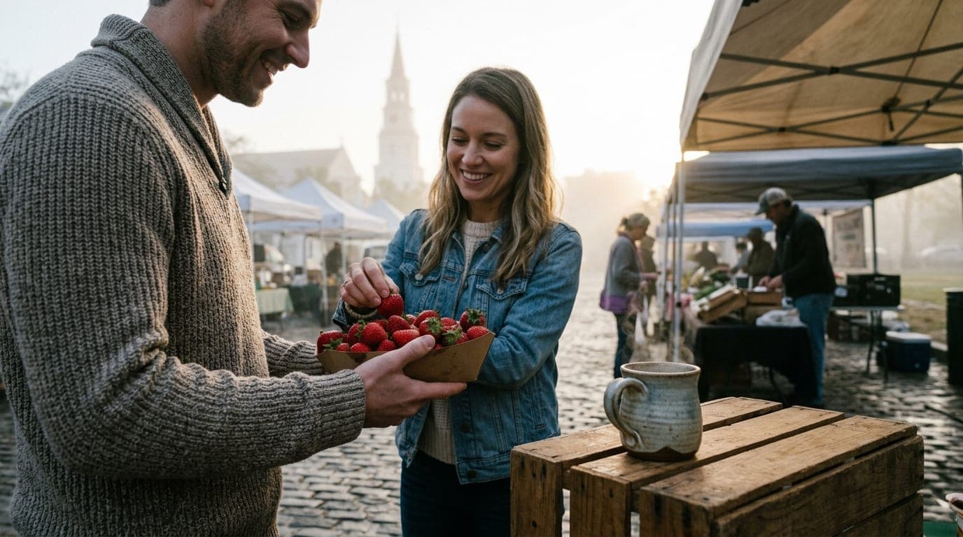 Low-angle 35mm hero shot: a couple sharing a paper tray of local strawberries at the Marion Square Farmers Market. A steam...