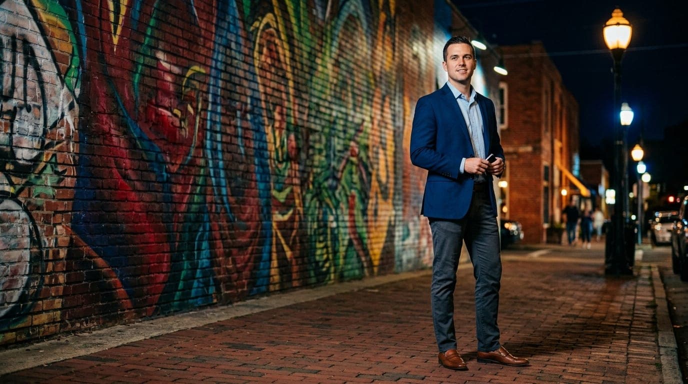 A low-angle 35mm shot of a polished professional in a crisp navy blazer standing on a NoDa brick sidewalk, illuminated by...