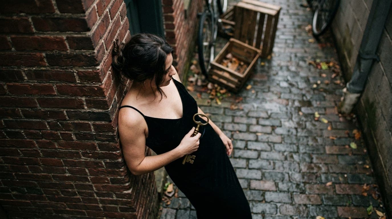 85mm portrait, shallow depth of field. A woman in a black velvet slip dress leans against a dark brick alleyway entrance i...