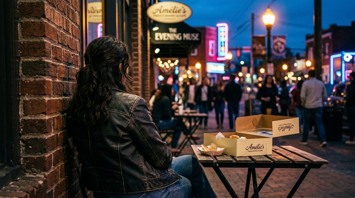 An over-the-shoulder view of a woman in a leather jacket leaning against a brick wall in Plaza Midwood. Beside her, a half...