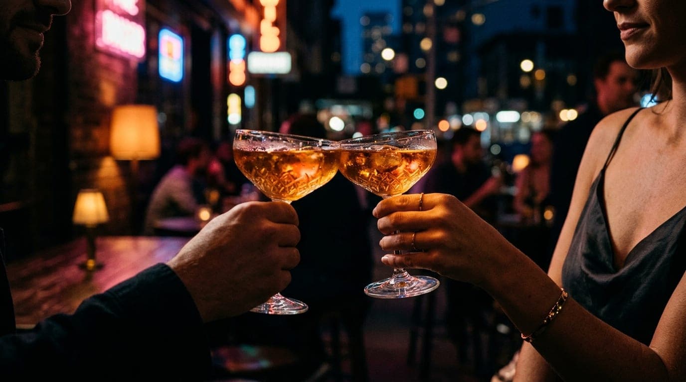 A low-angle, tight shot of two crystal coupe glasses clinking at Idlewild. The amber glow of a cocktail illuminates a woma...