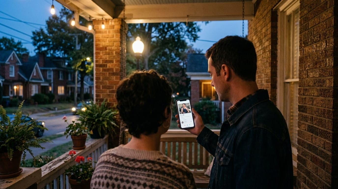 A couple stands on a Plaza Midwood porch at blue hour, bathed in soft streetlamp glow. One holds a smartphone showing a Fe...