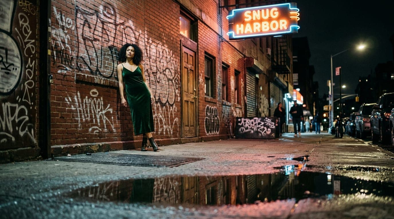 A woman in a velvet slip dress leans against a graffitied brick wall outside Snug Harbor. A neon sign reflects in a puddle...