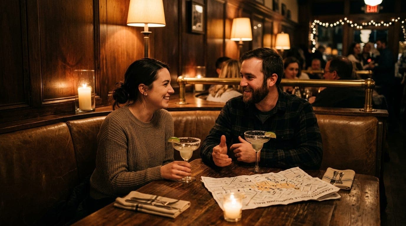 A warm, dimly lit corner booth at a Belmont restaurant. Two half-empty margarita glasses sit near a crumpled map of the Do...