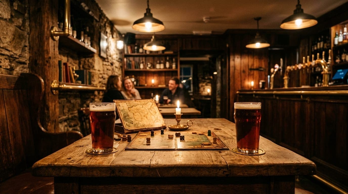 A medium shot inside a cozy Woolen Mills pub. A rustic wooden table holds two craft beer pints and a vintage board game, c...