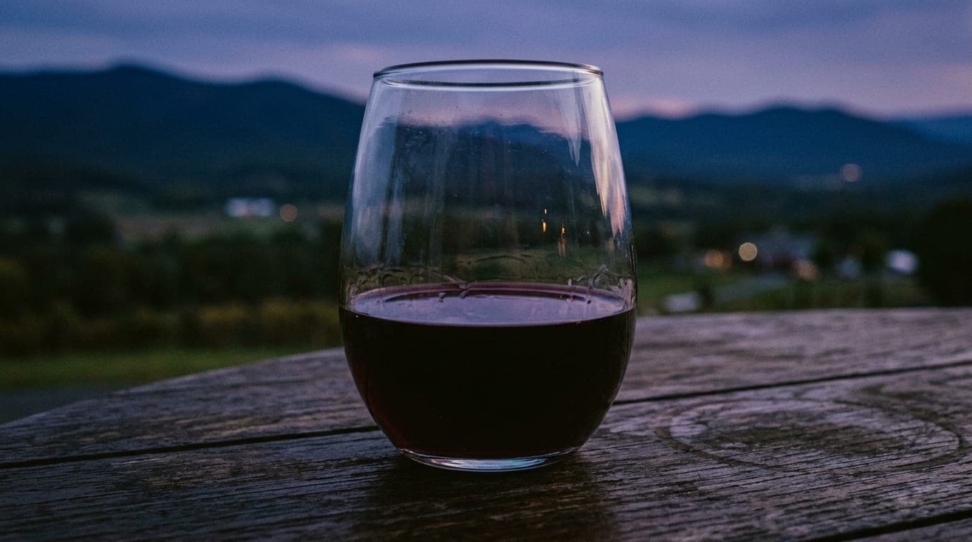 Low-angle hero shot of a half-empty glass of Petit Verdot resting on a rustic Afton Mountain Vineyard table, Blue Ridge mo...