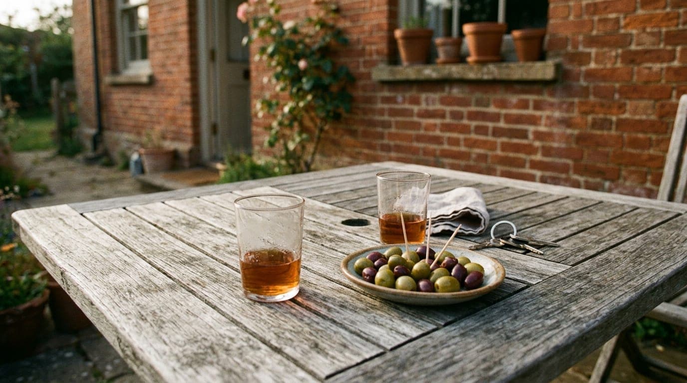 Overhead flat-lay on a weathered Belmont patio table. Two half-empty sherry glasses beside a shared plate of olives. A sof...