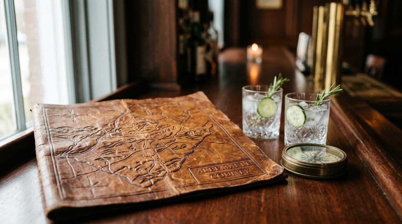 A worn leather map of Albemarle County rests on a mahogany bar top, illuminated by noon sunlight. Two half-poured gin cock...